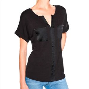 White House Black Market satin pocket black shirt. Never worn. Still in plastic.
